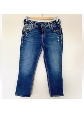 Silver Jeans Elyse Capri Denim Distressed Size 28/22.5" Thick Stitching